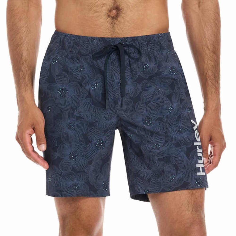 Hurley Men’s Swim Shorts Trunks XL Navy Print Adjustable Waist Back Pocket NWT